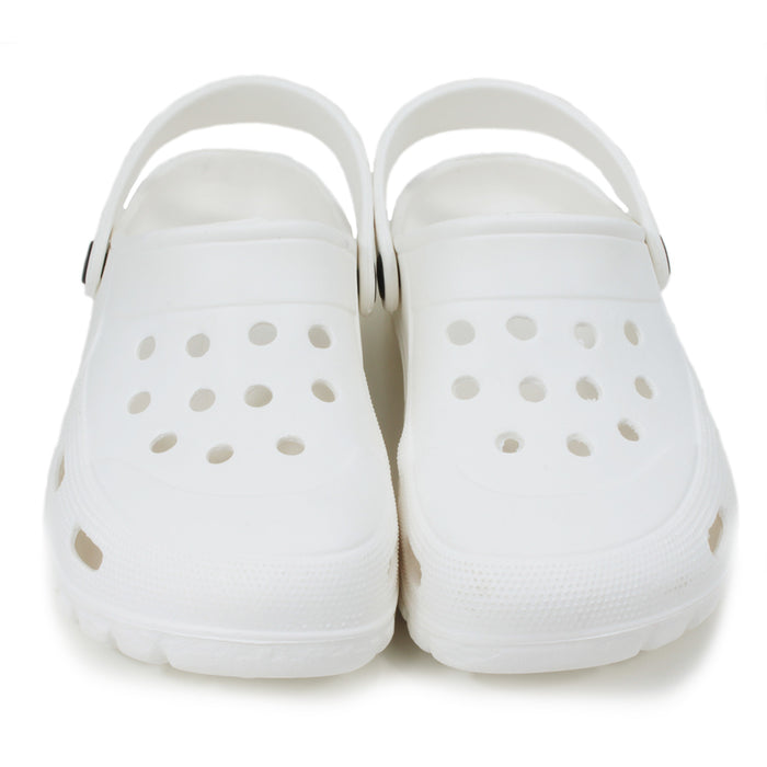 Urban Jack white rubber sandals. Holes for ventilation. Heel straps. Front view. 