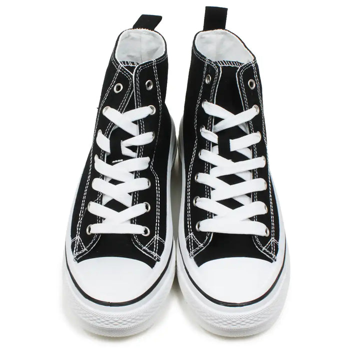 Black high-top sneakers with white laces on a white background