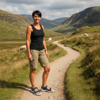 Woman standing on a path in a scenic landscape with mountains and sheep.