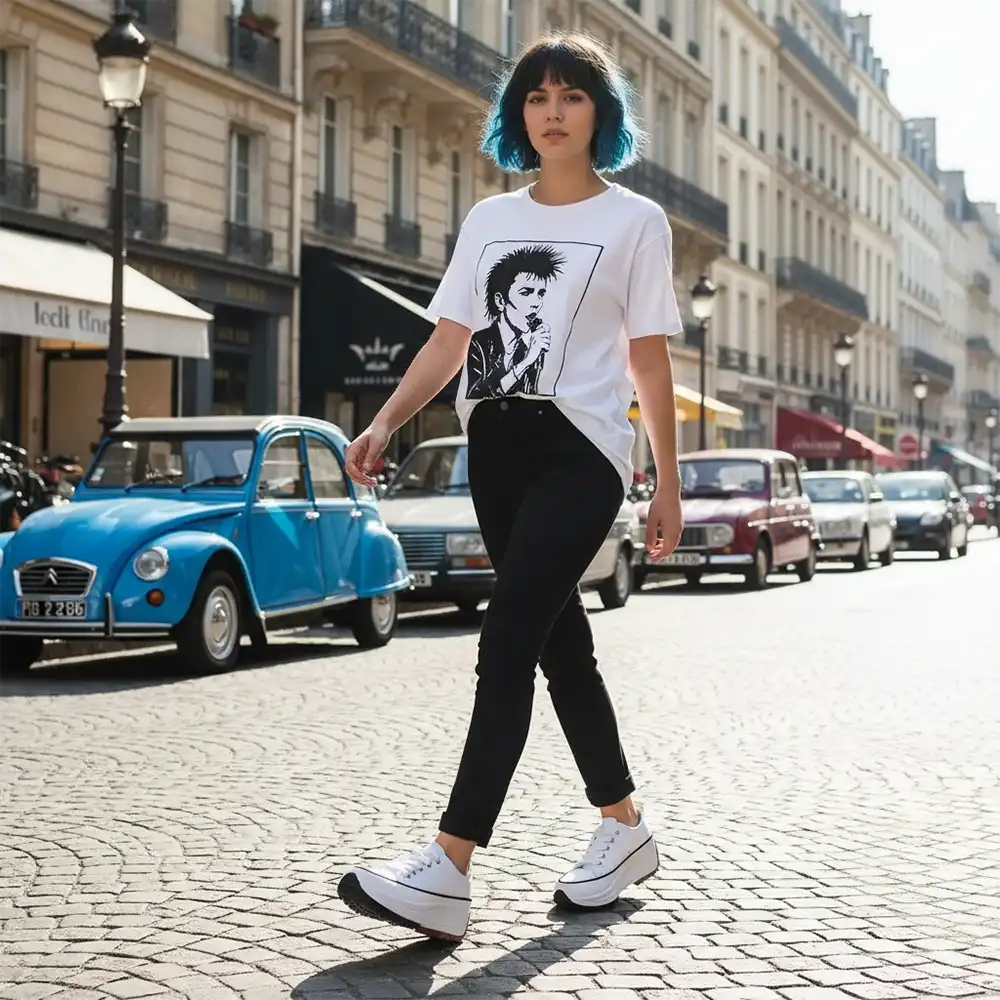 Young woman in white tee shirt and black jeans walking along a French street.