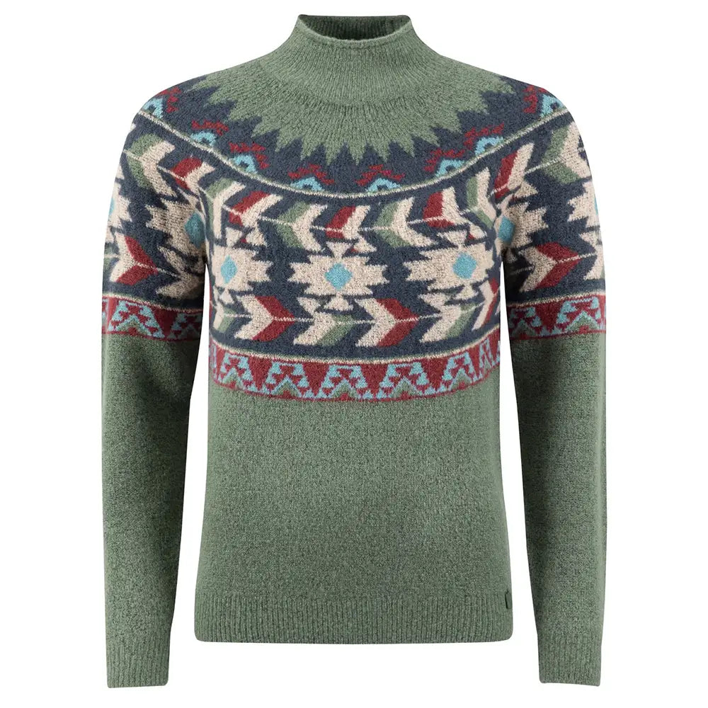 Green sweater with a colorful pattern on a white background