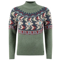 Green sweater with a colorful pattern on a white background