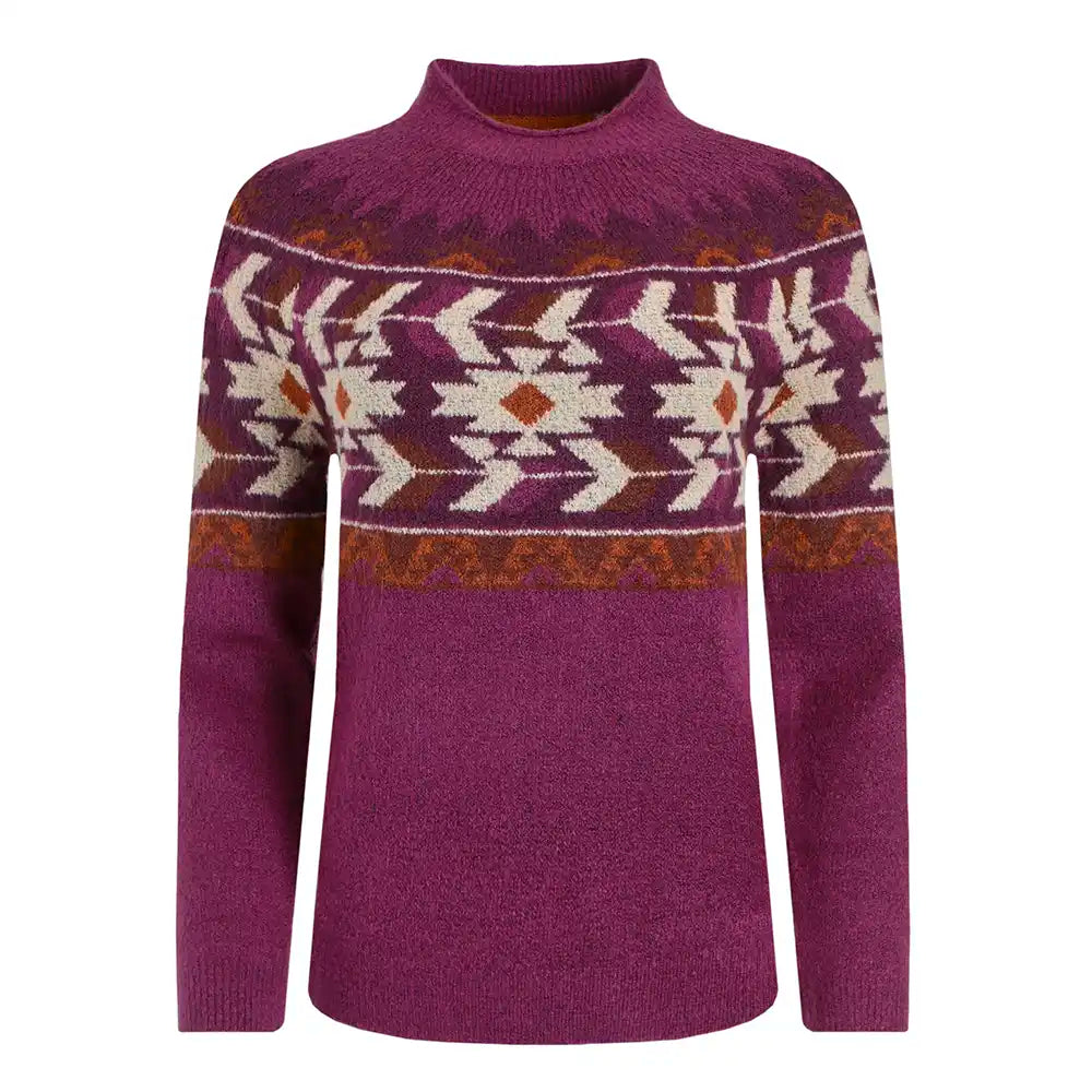 Purple sweater with a patterned design on a white background