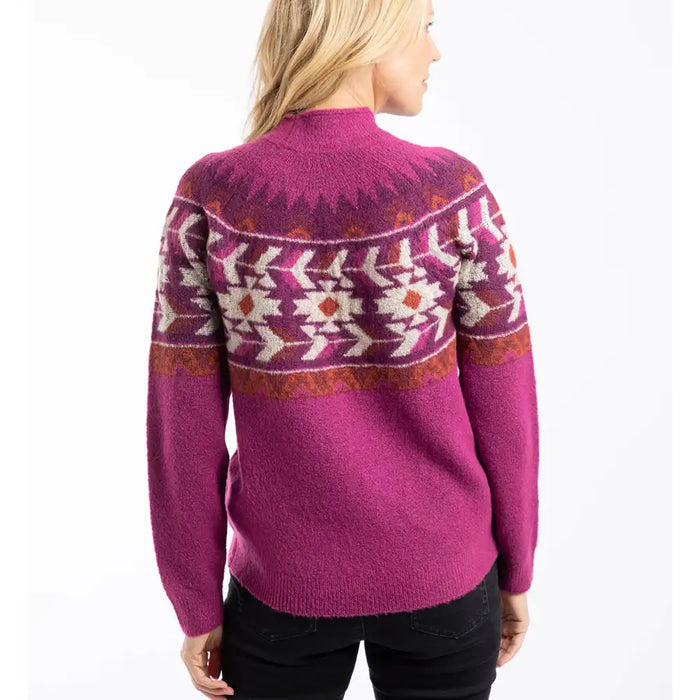 Person wearing a purple sweater with a pattern on a white background
