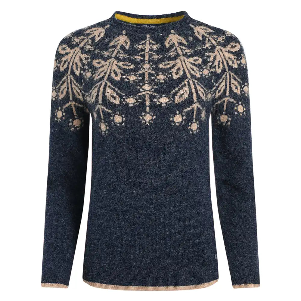 Navy sweater with beige pattern on a white background