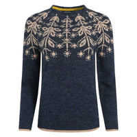 Navy sweater with beige pattern on a white background