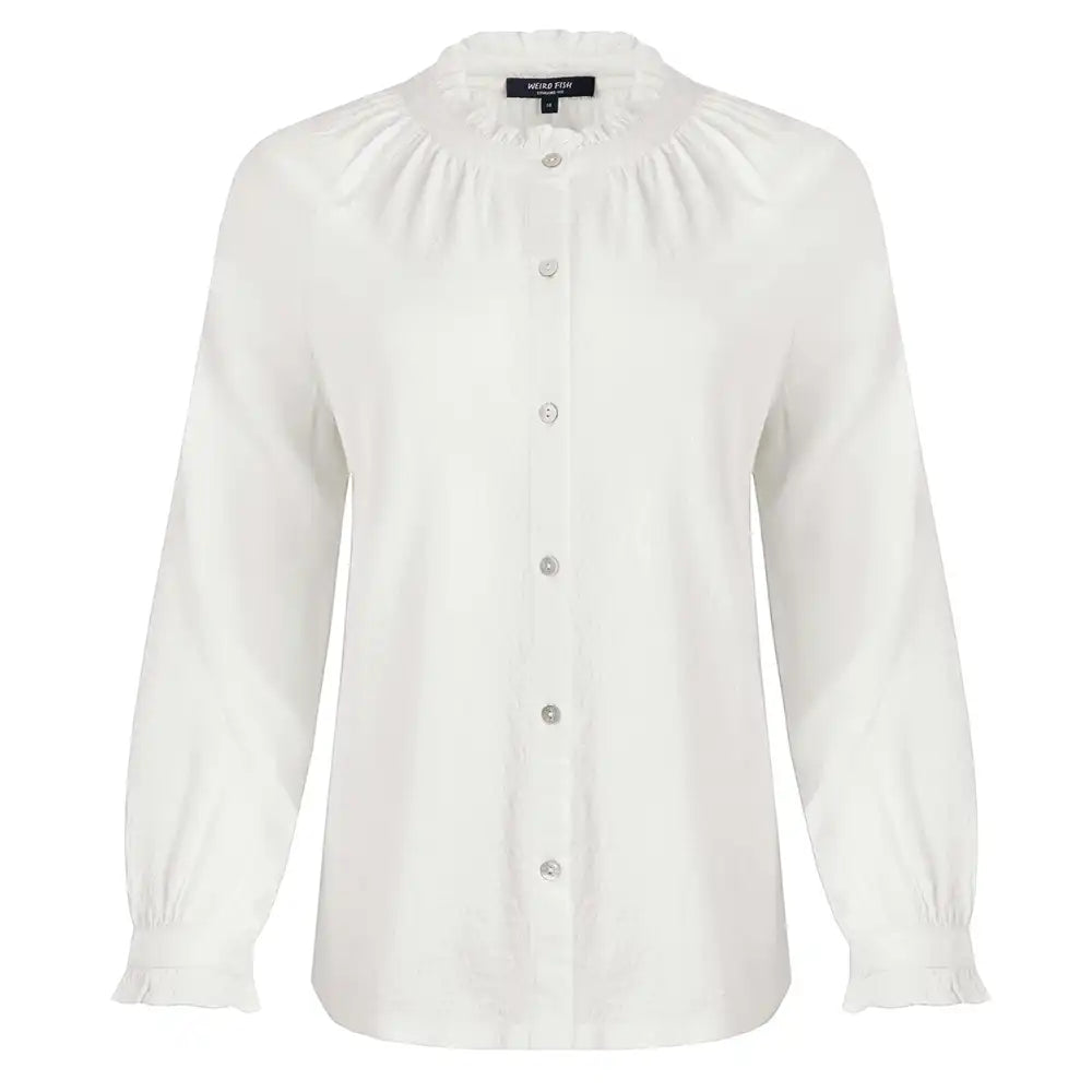 White blouse with gathered neckline on a white background
