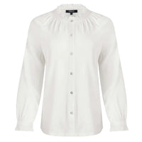 White blouse with gathered neckline on a white background