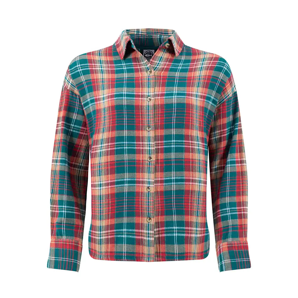Plaid shirt with red, green, and blue pattern on a white background