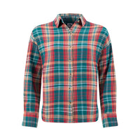 Plaid shirt with red, green, and blue pattern on a white background