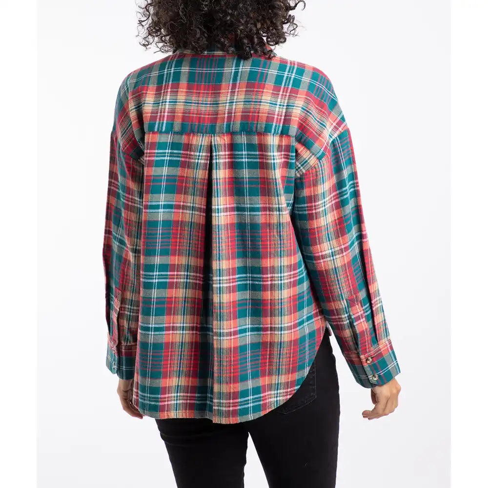 Person wearing a plaid shirt on a white background