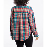 Person wearing a plaid shirt on a white background