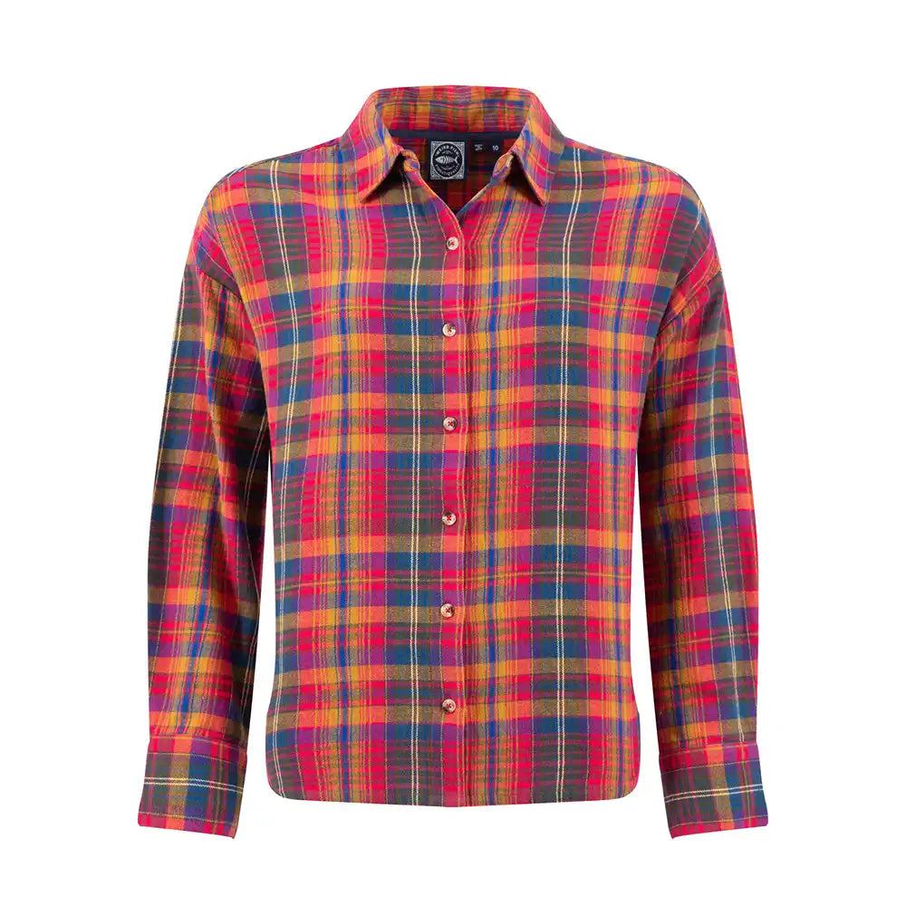 Plaid shirt with red, blue, and yellow pattern on a white background