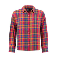 Plaid shirt with red, blue, and yellow pattern on a white background
