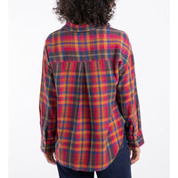 Person wearing a colorful plaid shirt on a white background