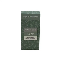 Wild-Olive Soap bar in a rectangular box with a sage green and white leaf pattern, labeled 'sage & white tea' and 'Wild-Olive SOAP'.
