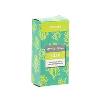 A rectangular box of Wild-Olive seaweed soap, featuring a teal and lime green pattern of seaweed with a central gray and white label, set against a plain white background.