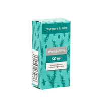 A rectangular box of Wild-Olive Soap in the rosemary & mint scent, featuring a teal and green botanical pattern with a white and gray label, set against a plain white background.