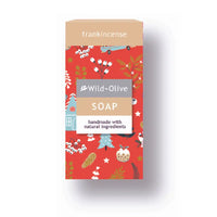 A boxed soap product standing upright on a white background. The front label reads Wild-Olive SOAP and also says frankincense.