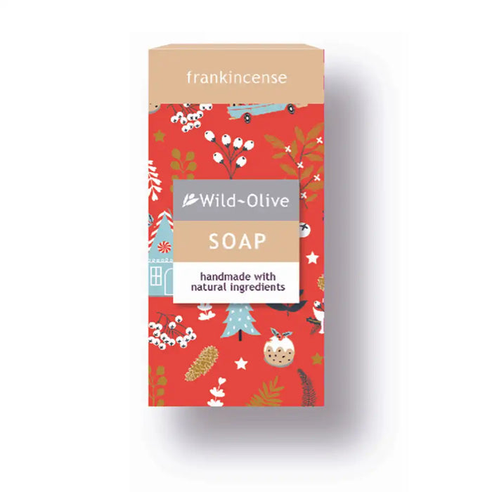 A boxed soap product standing upright on a white background. The front label reads Wild-Olive SOAP and also says frankincense.