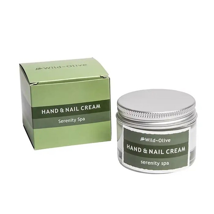 Wild-Olive Hand & Nail Cream in a clear jar with a silver lid, shown next to its light green box packaging on a white background.