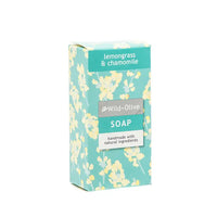 A 50g box of Wild-Olive Lemongrass & Chamomile Soap, featuring a light teal and white floral pattern with a gray brand label, set against a plain white background.