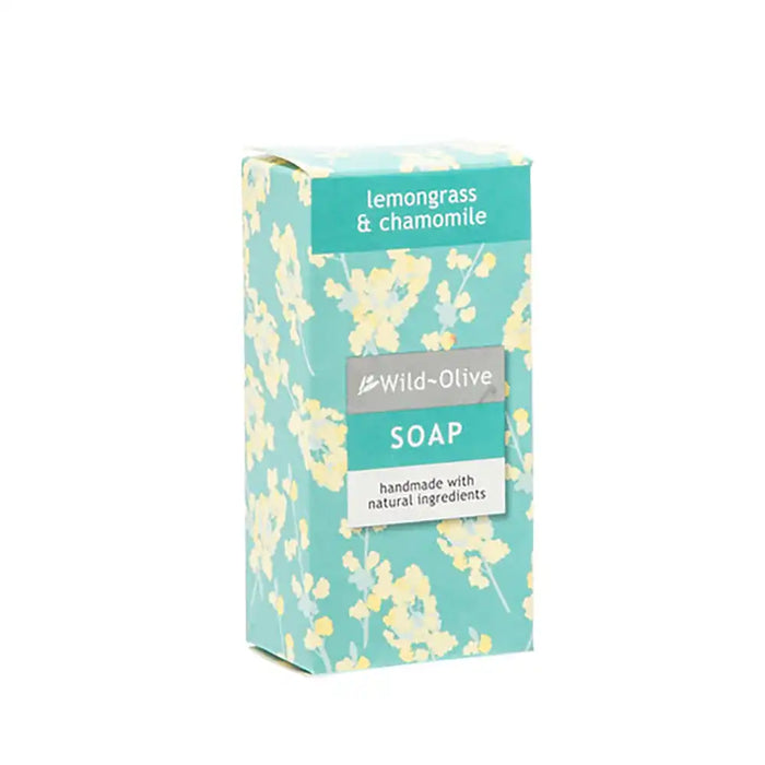 A 50g box of Wild-Olive Lemongrass & Chamomile Soap, featuring a light teal and white floral pattern with a gray brand label, set against a plain white background.