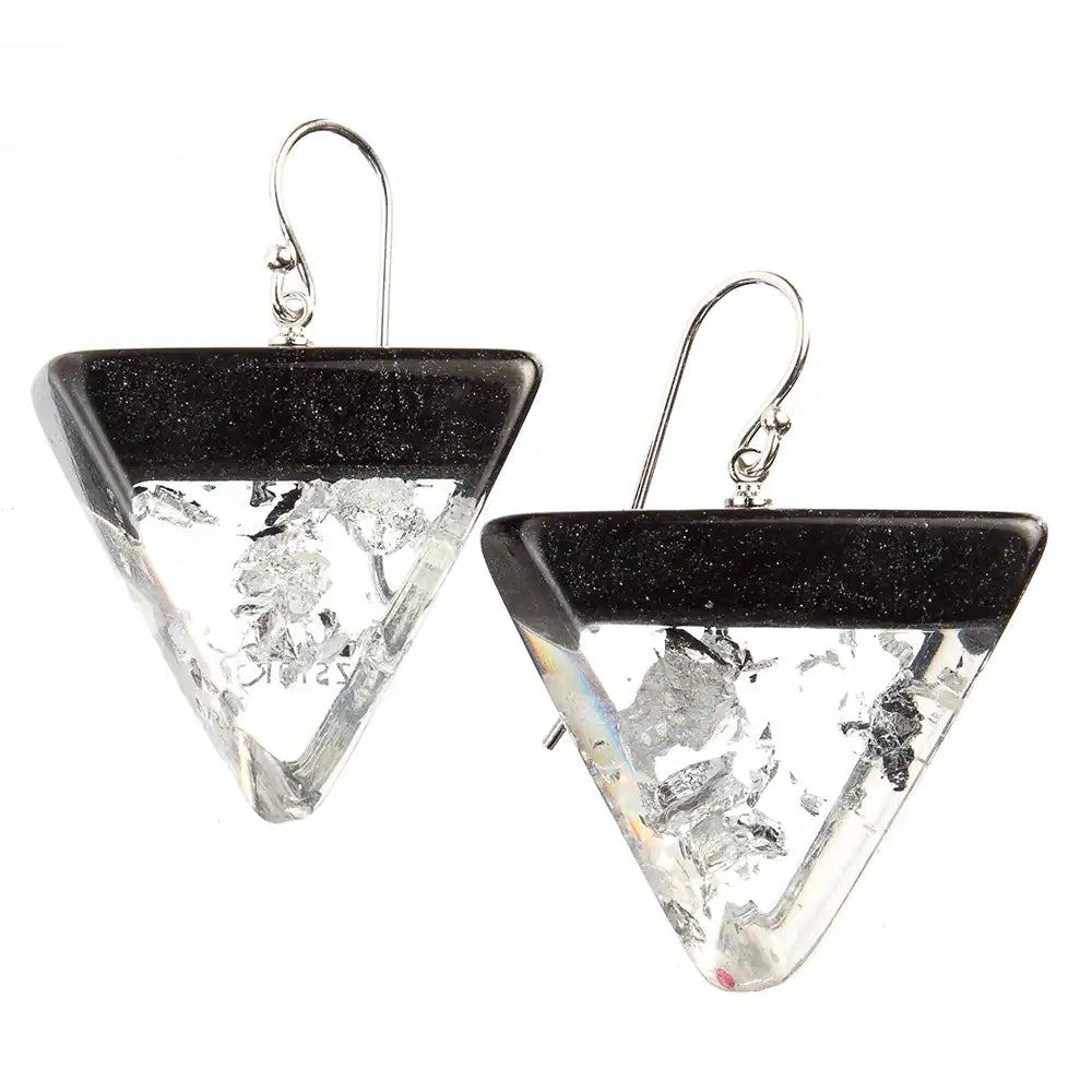 Resin Anthracite & Silver Triangular Earrings