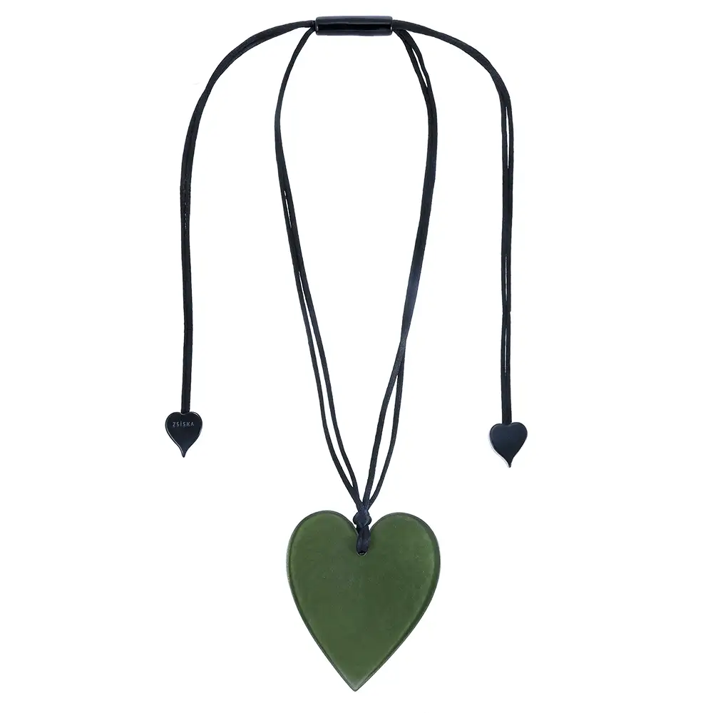 Large dark green heart pendant strung on black cord with black hearts on the end of cord. 