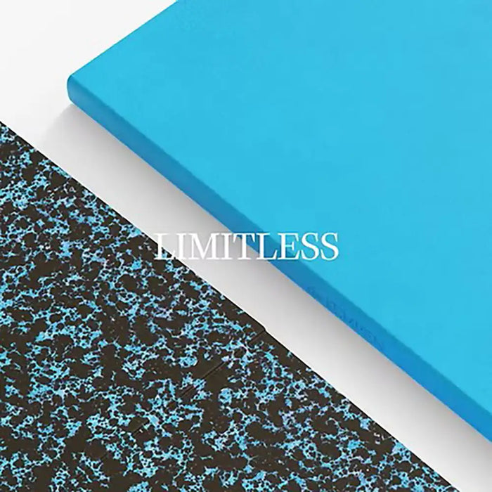 Two sheets of material, one blue showing the outer of the notebook and one with a black and blue pattern, showing the inside cover, on a white background.