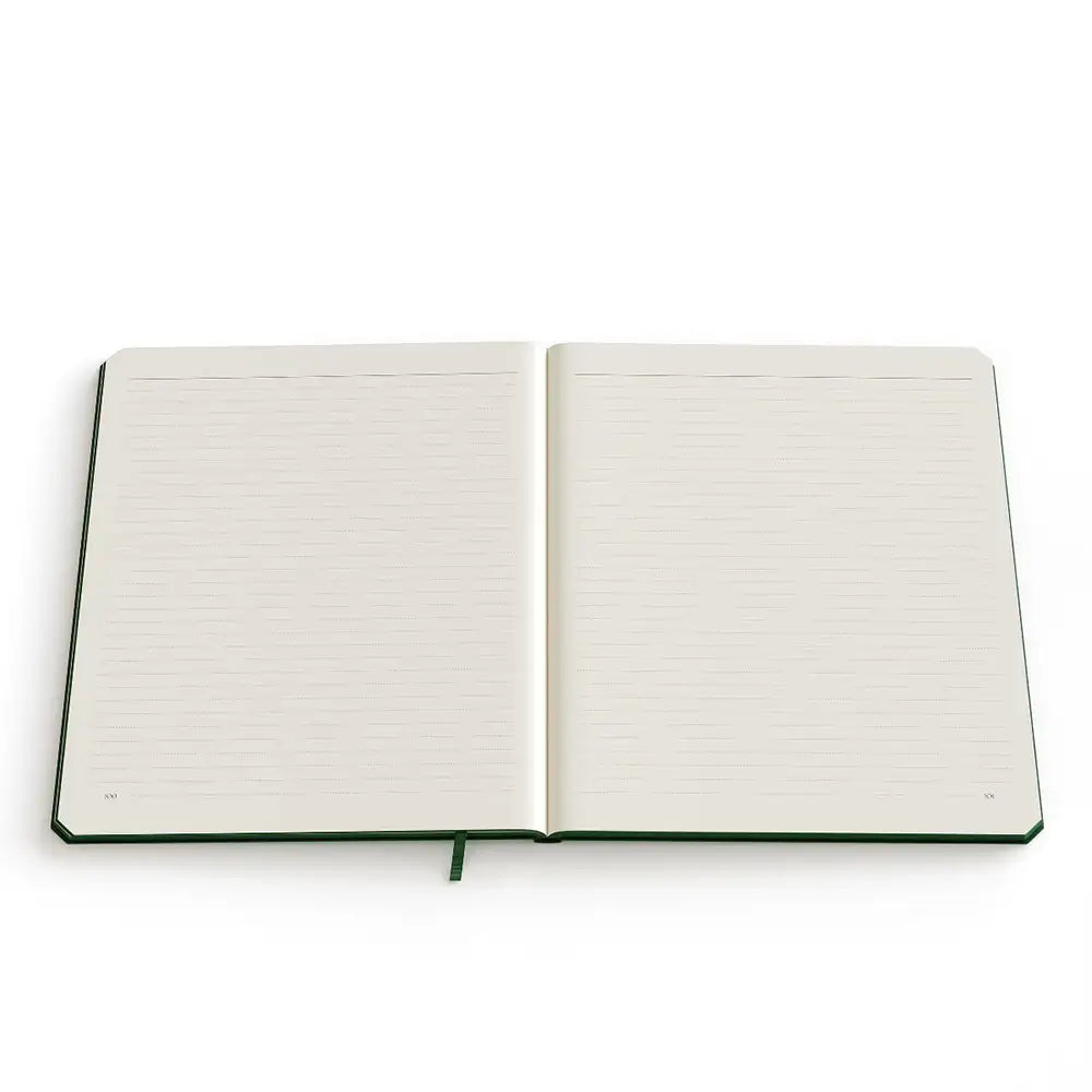 Open notebook with lined pages on a white background