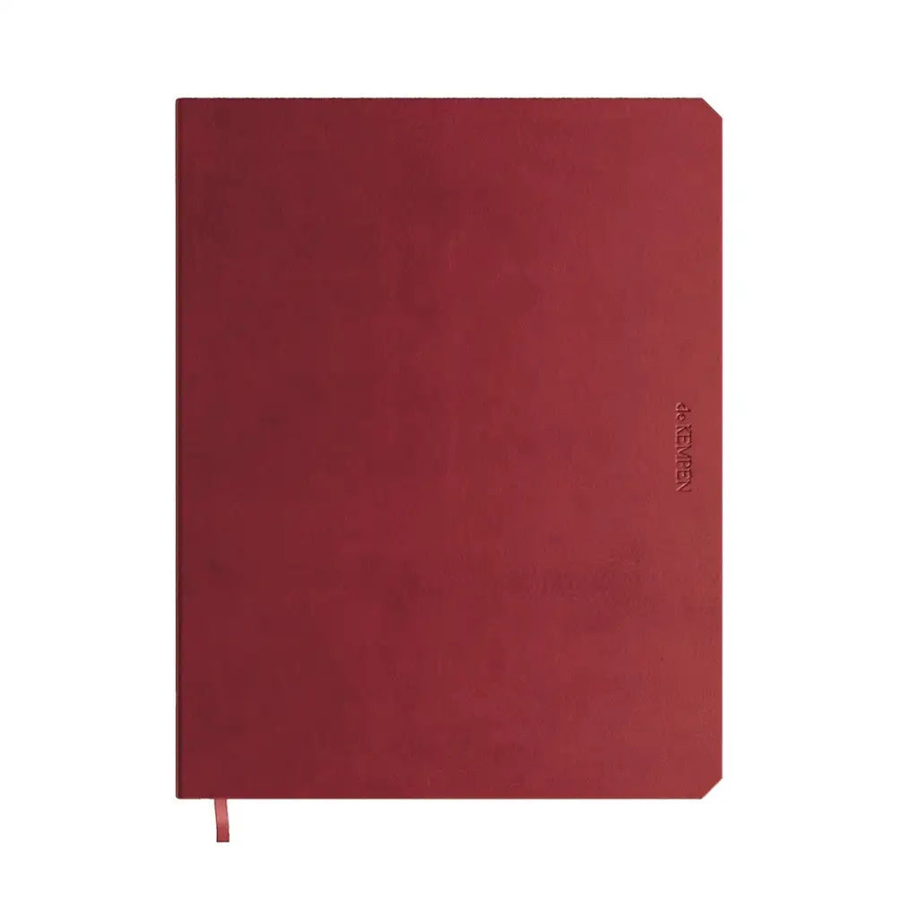 Red notebook with a visible brand logo on a white background