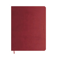 Red notebook with a visible brand logo on a white background
