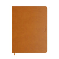 Brown notebook with a visible brand name on a white background