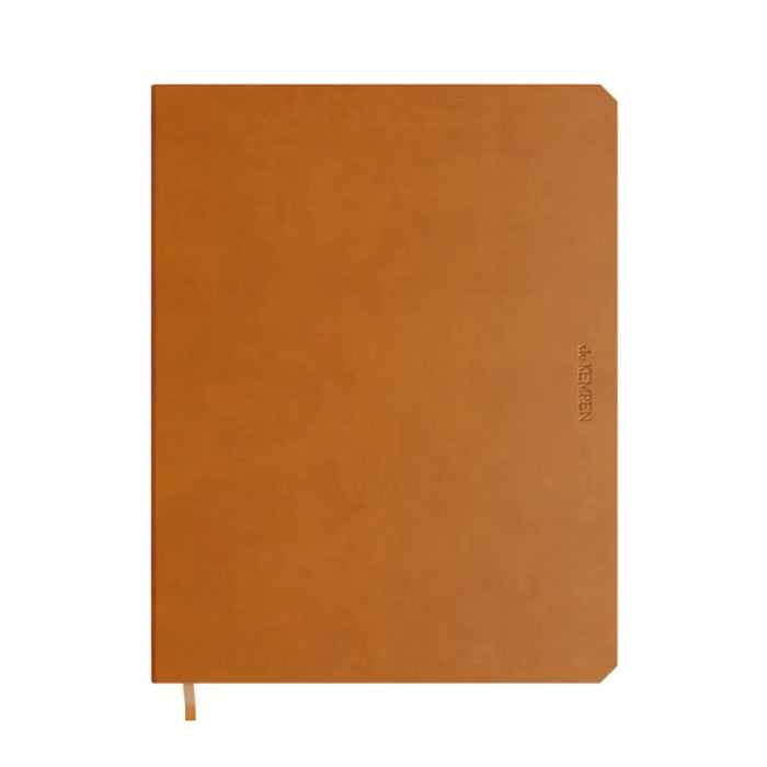Brown notebook with a visible brand name on a white background
