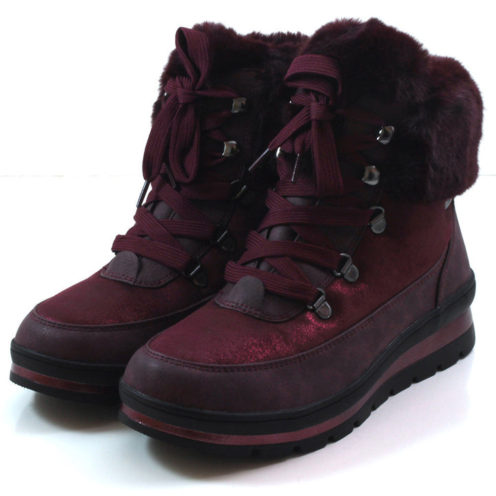 Caprice lace-up walking style ankle boots with soft fur trim. Bordeaux colour