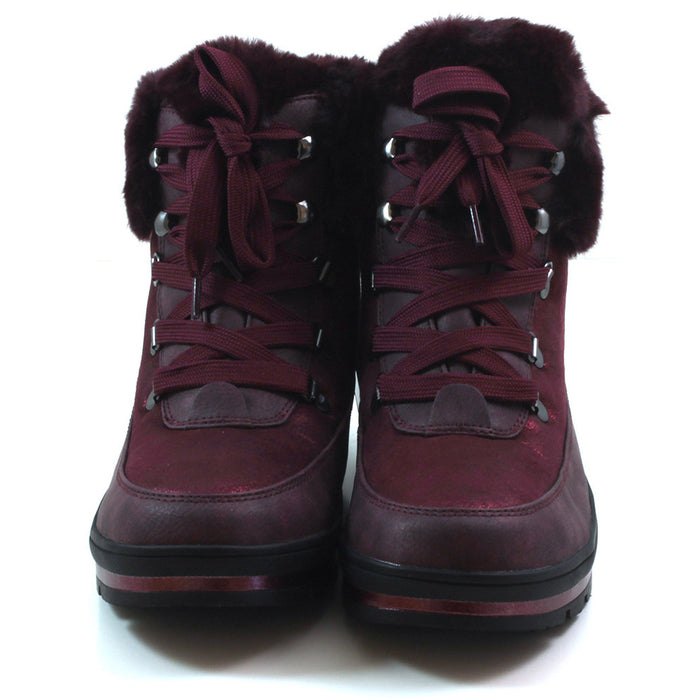 Caprice lace-up walking style ankle boots with soft fur trim. Bordeaux colour