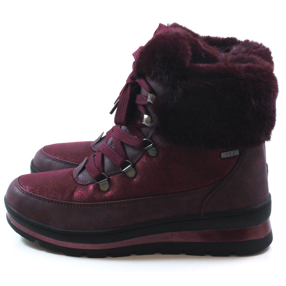 Caprice lace-up walking style ankle boots with soft fur trim. Bordeaux colour