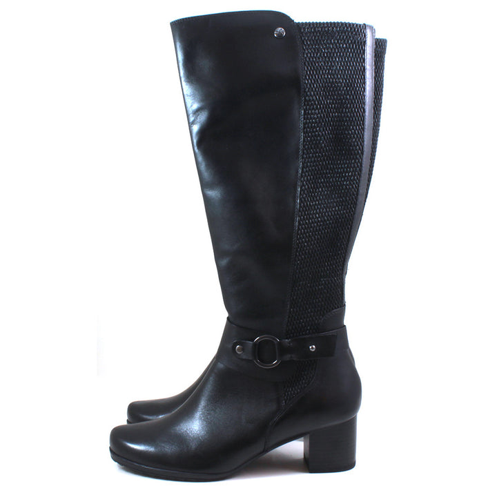 Caprice knee high boots in black with elastic panel for comfortable calf fit