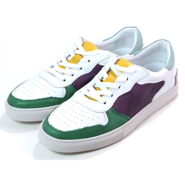 Adesso bowling style hip hop trainers. White with green and purple panels and yellow tongue. Angled view.