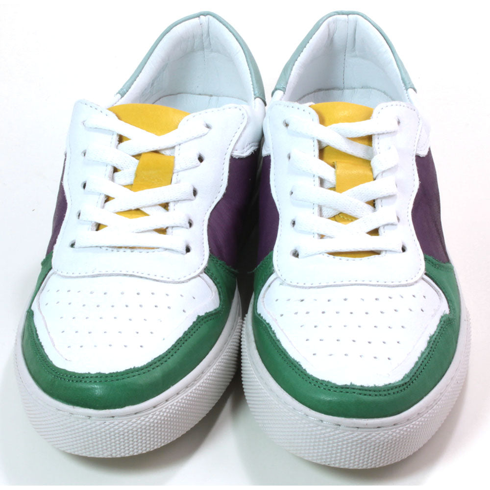 Adesso bowling style hip hop trainers. White with green and purple panels and yellow tongue. Front view
