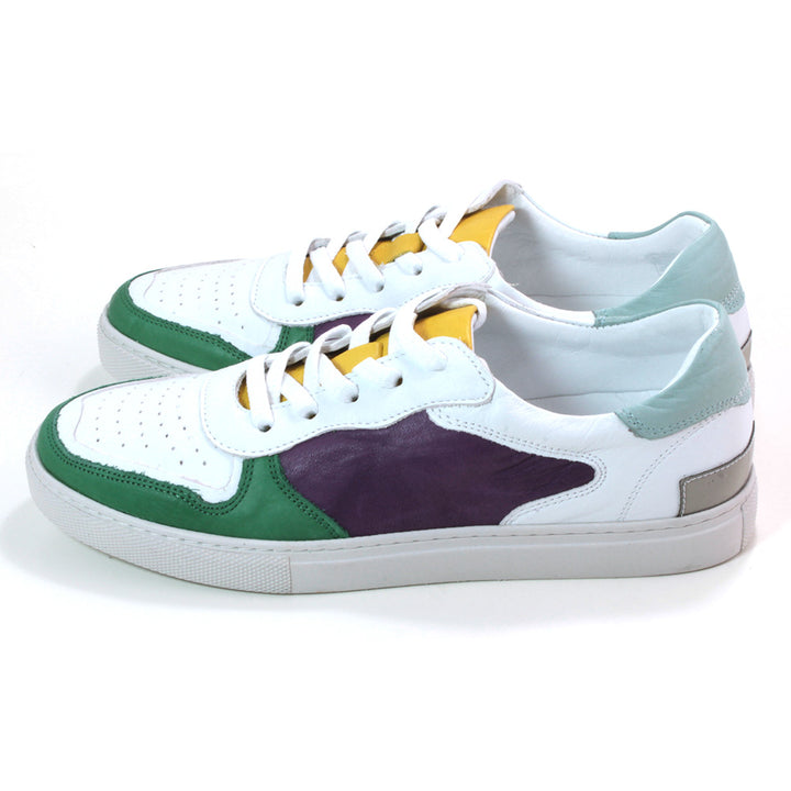 Adesso bowling style hip hop trainers. White with green and purple panels and yellow tongue. Side view.