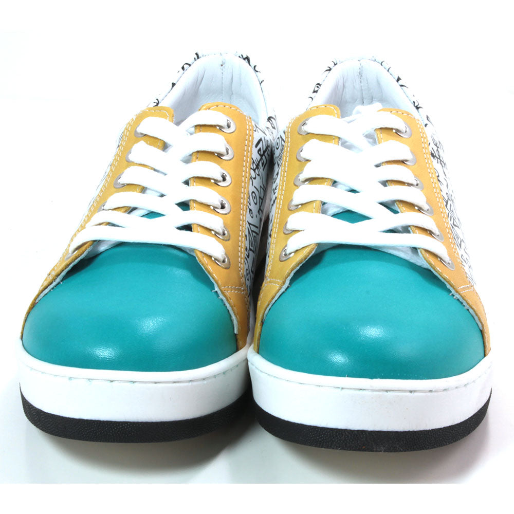 Adesso Dakota trainers. White with doodle pattern. Plain teal, yellow and salmon panels. Front view.