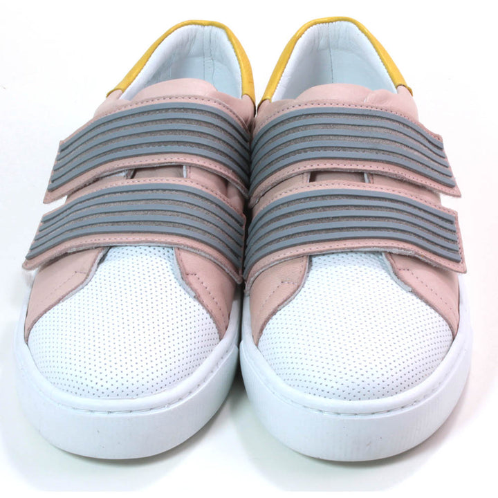 Adesso Nicole trainers in blush. White over toe and yellow at heel details. Velcro adjustment with two grey straps over the foot. Front view.