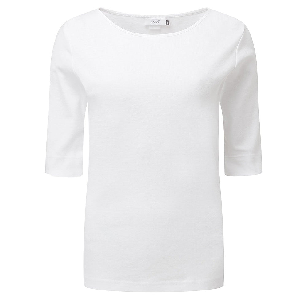 Adini Posy ribbed top in white. Round neck and half length sleeves. Ghost shot of garment.
