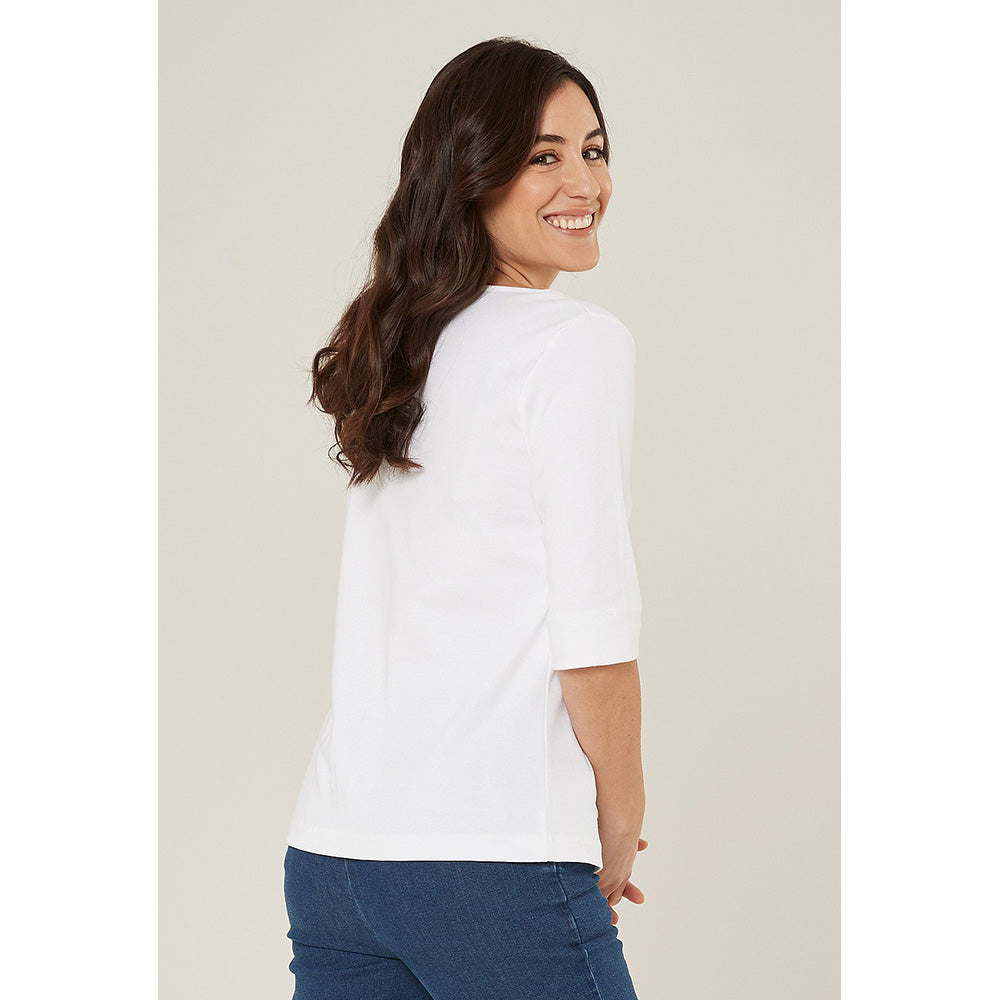 Adini Posy ribbed top in white. Round neck and half length sleeves. Showing back of garment.