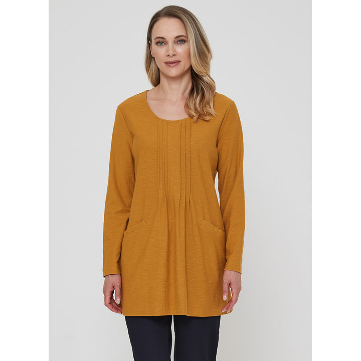 Adini Aleia tunic in saffron colour. Mid length with full length sleeves. Pleated effect down the front.