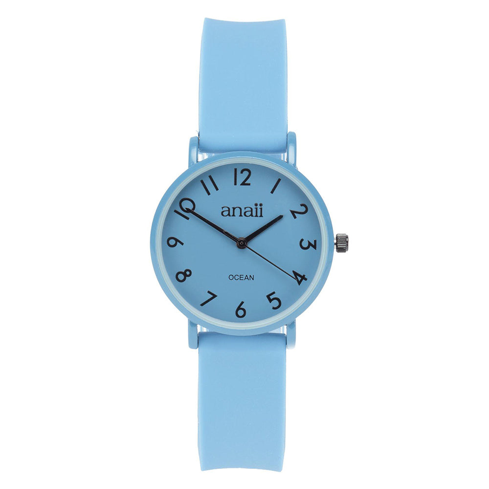 Sky blue Anaii watch with matching strap. Hands and numbers in black. Very clear face. Sweep second hand.