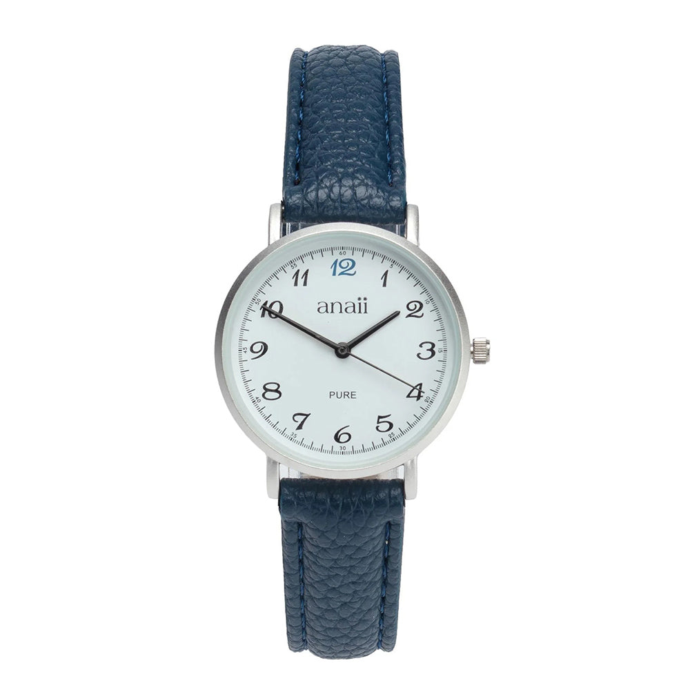 Anaii watch with white face and black hands. Elegant numbers and seconds and fifth of a second markings around the dial. Sweep second hand. Blue strap.