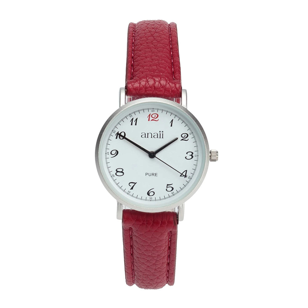 Anaii watch with white face and black hands. Elegant numbers and seconds and fifth of a second markings around the dial. Sweep second hand. Red strap.